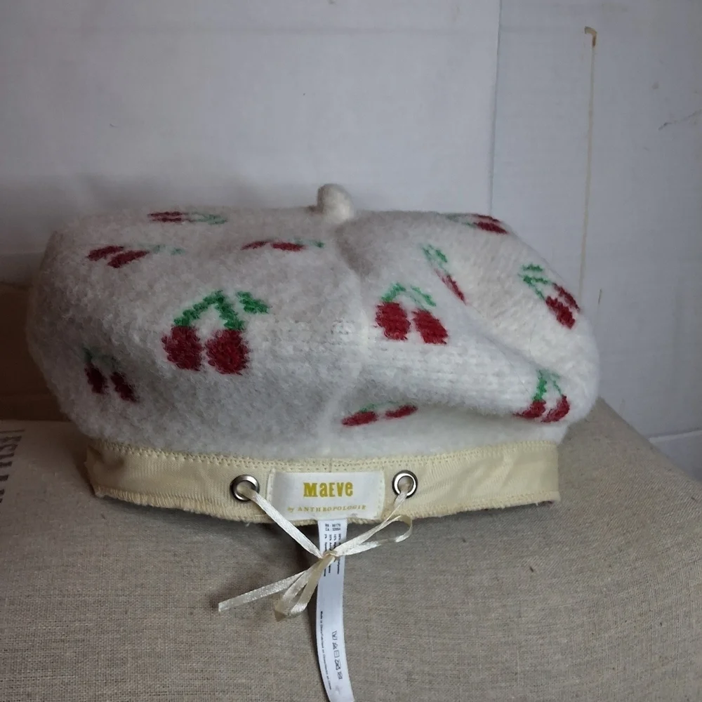 Maeve Anthropologie Cream Cherry Print Wool Blend Beret